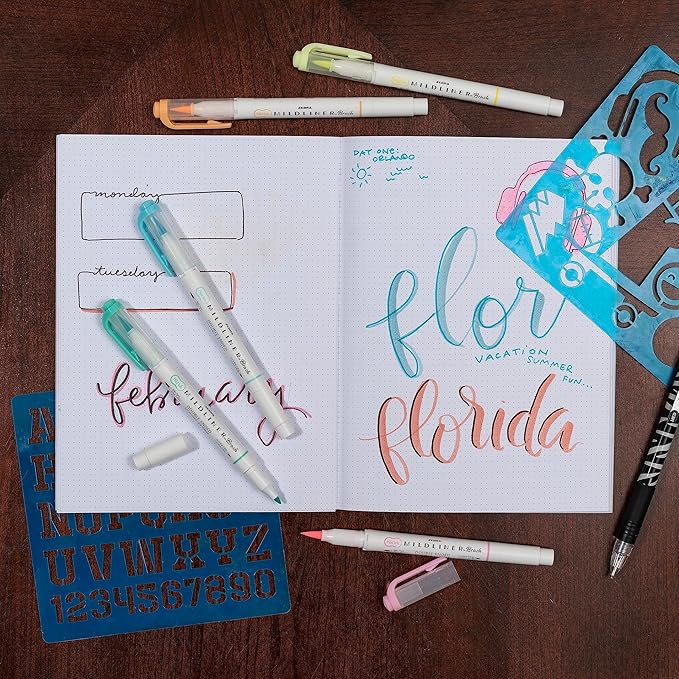 Zebra Pen, Mildliner Dual-Ended Brush Pens, 5 Assorted Colors, Brush and Fine Tips, Soft Mild Ink with No Bleed-Through, Water-Resistant Ink for Journaling, Calligraphy, Planners, 5-Pack (79105)