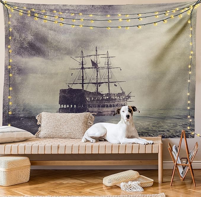 Ambesonne Nautical Tapestry, Old Pirate Ship in the Sea Historical Cruise Retro Voyage Grunge Style Art, Fabric Wall Hanging Decor for Bedroom Living Room Dorm, 30" X 45", Tan Plum