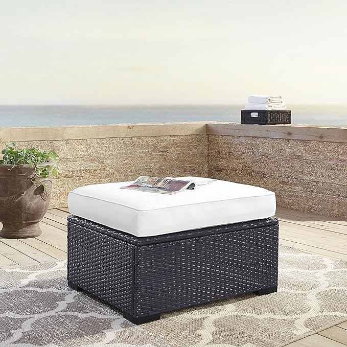 Crosley Furniture Biscayne Wicker Outdoor Ottoman Foot Rest for Patio, Deck, Porch, Brown with White Cushions
