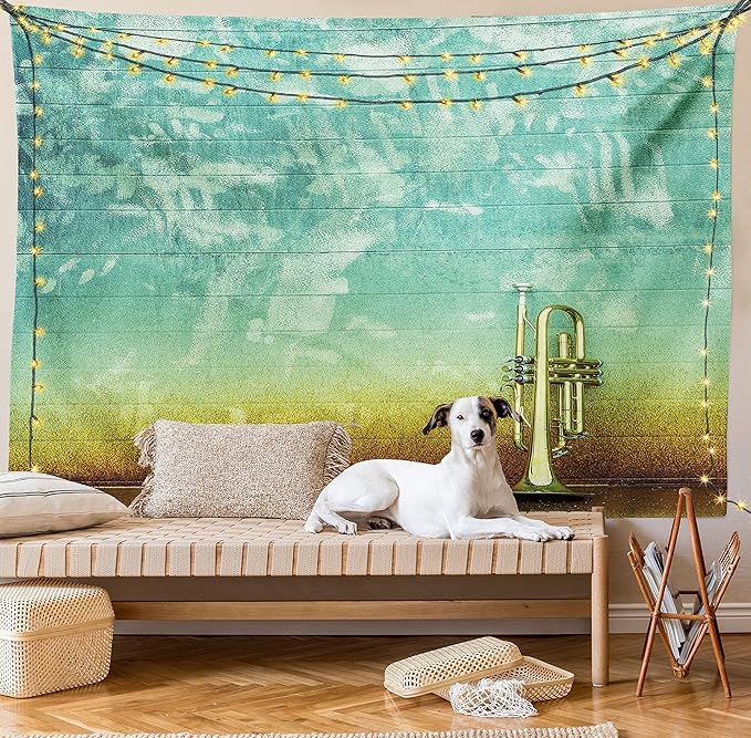 Ambesonne Music Tapestry Queen Size, Old Aged Worn Single Trumpet Stands Alone Against a Faded Wall Jazz Theme Photo, Wall Hanging Bedspread Bed Cover Wall Decor, 88" X 88", Teal Brown