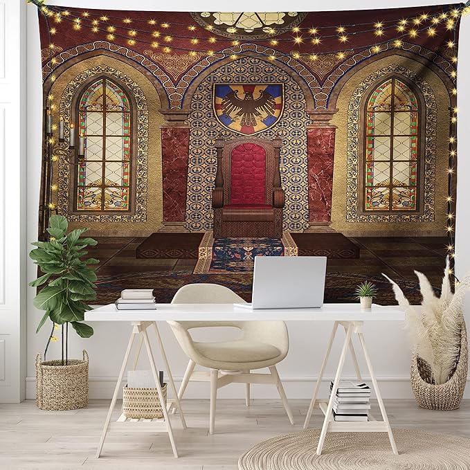 Ambesonne Gothic Tapestry, Red Medieval in Chapel Eagle Portrait on Wall Fantasy Building Print, Fabric Wall Hanging Decor for Bedroom Living Room Dorm, 28" X 23", Brown Ruby