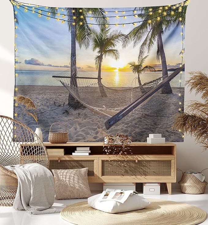 Ambesonne Tropical Tapestry, Paradise Beach Hammock and Coconut Palm Trees Horizon Coast Vacation Scenery, Fabric Wall Hanging Decor for Bedroom Living Room Dorm, 45" X 30", Sand Brown