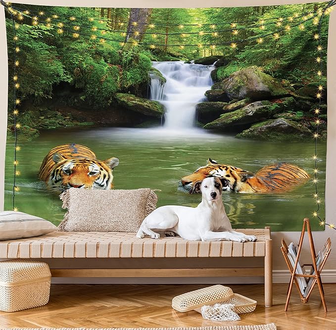 Ambesonne Savannah Tapestry, Siberian Tigers in Water Waterfall Pool Woodland Swimming Natural, Fabric Wall Hanging Decor for Bedroom Living Room Dorm, 30" X 45", Reseda Green Orange