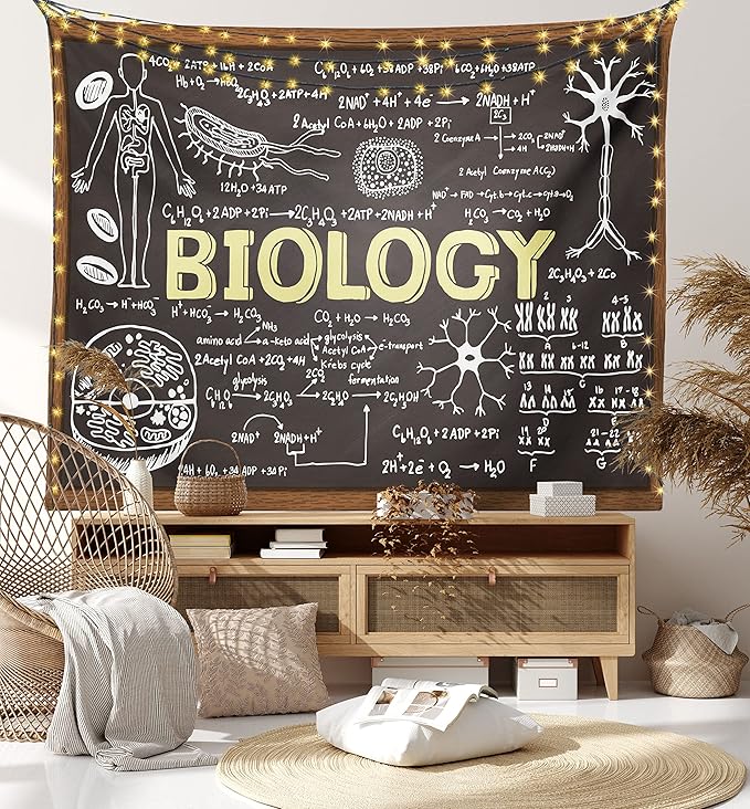 Ambesonne Science Tapestry, Chalkboard Biology Hand Written, Wide Wall Hanging for Bedroom Living Room Dorm, 60" X 40", Black Brown Pale Yellow