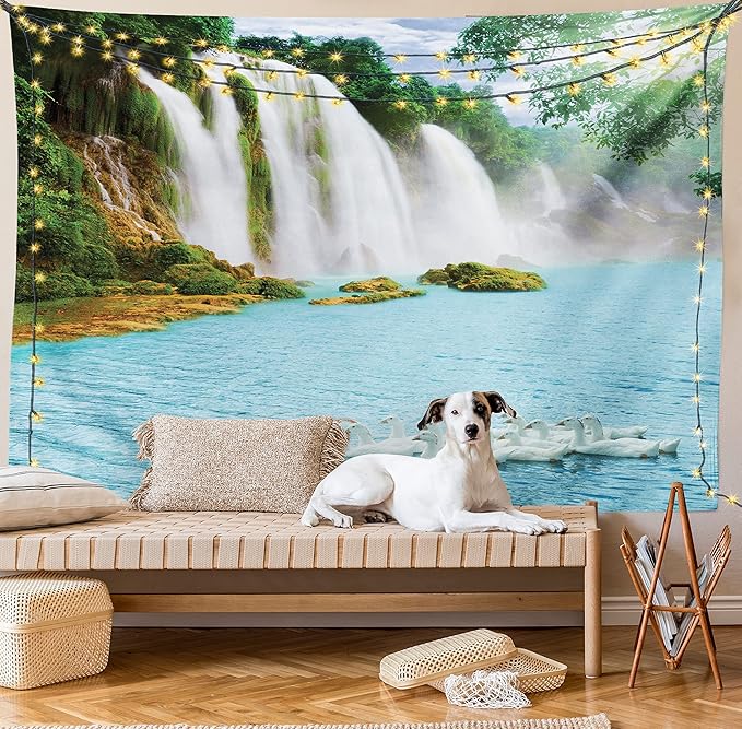 Ambesonne Waterfall Tapestry Twin Size, Image of a Grand Waterfall with Swans in the Lake Sunny Day Nature Print, Wall Hanging Bedspread Bed Cover Wall Decor, 68" X 88", White Green