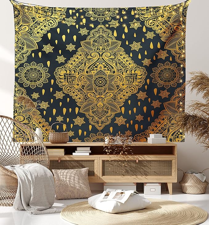 Ambesonne Mandala Tapestry Queen Size, Bohemian Paisley Ornament Tattoo Vintage Design Print, Wall Hanging Bedspread Bed Cover Wall Decor, 88" X 88", Charcoal Grey