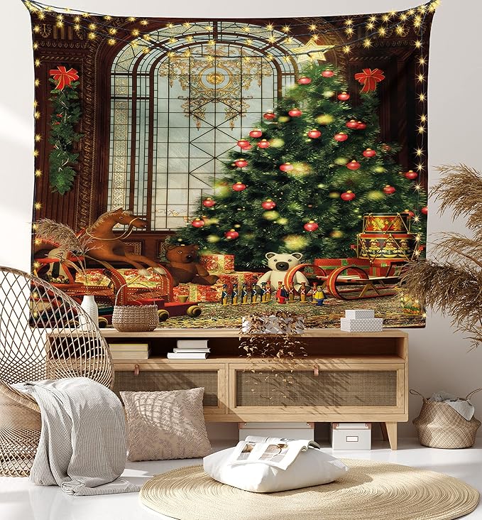 Ambesonne Christmas Tapestry Queen Size, Vintage Ambiance Big Old Fashioned Window Xmas Tree Various Presents, Wall Hanging Bedspread Bed Cover Wall Decor, Queen Size, Brown Red Green