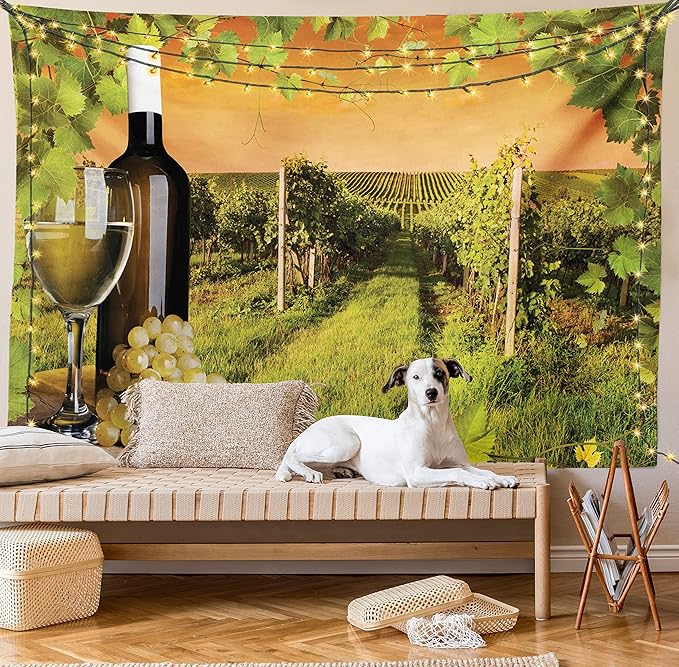 Ambesonne Winery Tapestry Twin Size, Bottle and Glass of Wine and Vineyards of Sunset Countryside Romantic Evening View, Wall Hanging Bedspread Bed Cover Wall Decor, 68" X 88", Orange Green