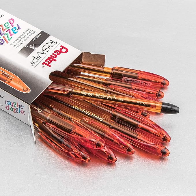 Pentel RSVP Razzle-Dazzle Ballpoint Pen, (1.0mm) Medium Line, Orange Barrel, Black Ink, Box of 12 (BK91RDF-A)