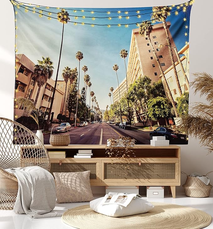 Ambesonne Urban Tapestry Queen Size, Street in Beverly Hills CaliforniPalm Trees Houses Famous City Photo, Wall Hanging Bedspread Bed Cover Wall Decor, 88" X 88", Pale Blue Peach Green