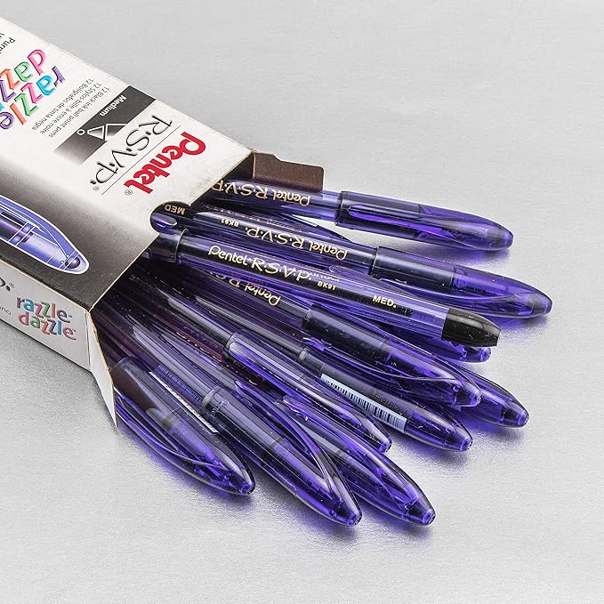 Pentel RSVP Razzle-Dazzle Ballpoint Pen, (1.0mm) Medium Line, Violet Barrel, Black Ink, Box of 12 (BK91RDV-A)