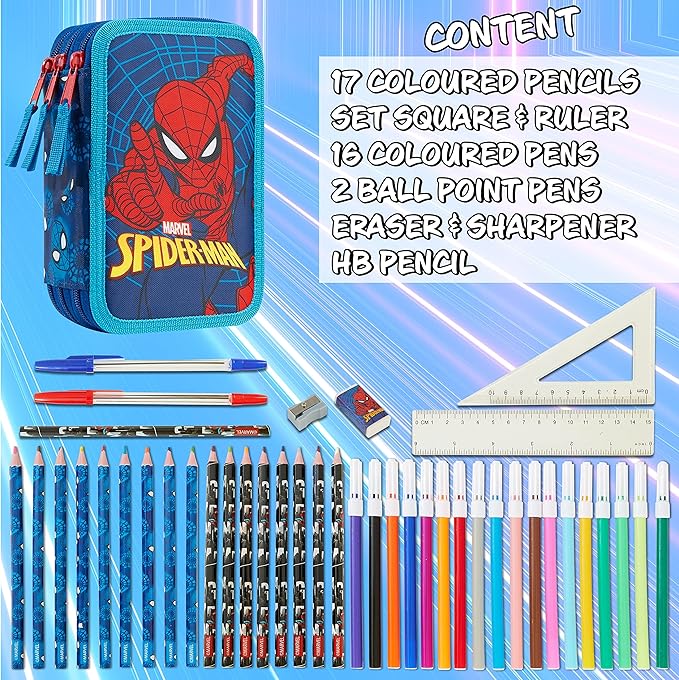 Marvel Boy's Pencil Case, Pencil Case with Compartments Filled School Supplies, Felt, Coloured Pencil, Spiderman Avengers Back to School Gift