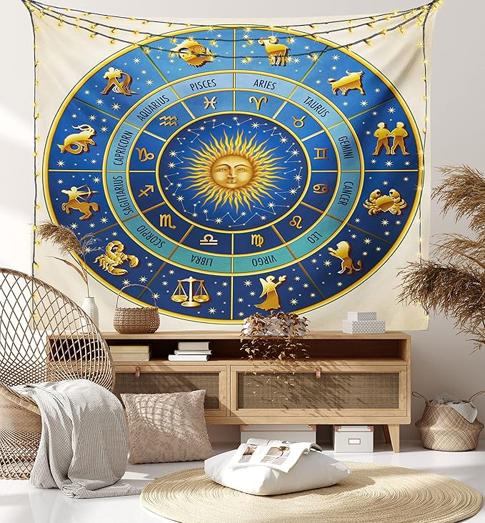 Ambesonne Astrology Tapestry, Wheel of Astrological Signs Names Dates Moon Sun in Middle, Fabric Wall Hanging Decor for Bedroom Living Room Dorm, 23" X 28", Blue Yellow and Cream