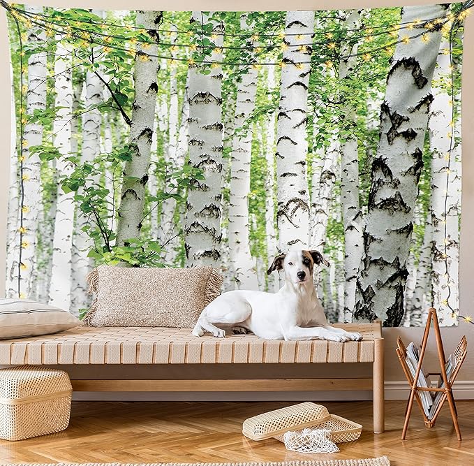 Ambesonne Woodland Tapestry Twin Size, Birch Trees in The Forest Summertime Wildlife Nature Outdoors Themed Picture, Wall Hanging Bedspread Bed Cover Wall Decor, Twin Size, White Green