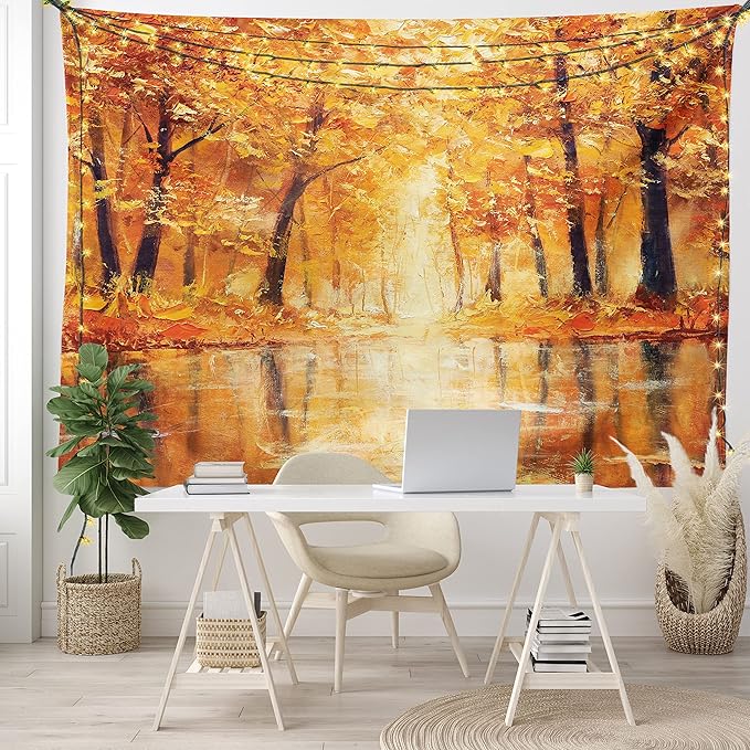 Ambesonne Country Tapestry King Size, Painting of a Forest by the Small Lake in Autumn Pale Fall Trees and Leaves Art, Wall Hanging Bedspread Bed Cover Wall Decor, 104" X 88", Brown Orange
