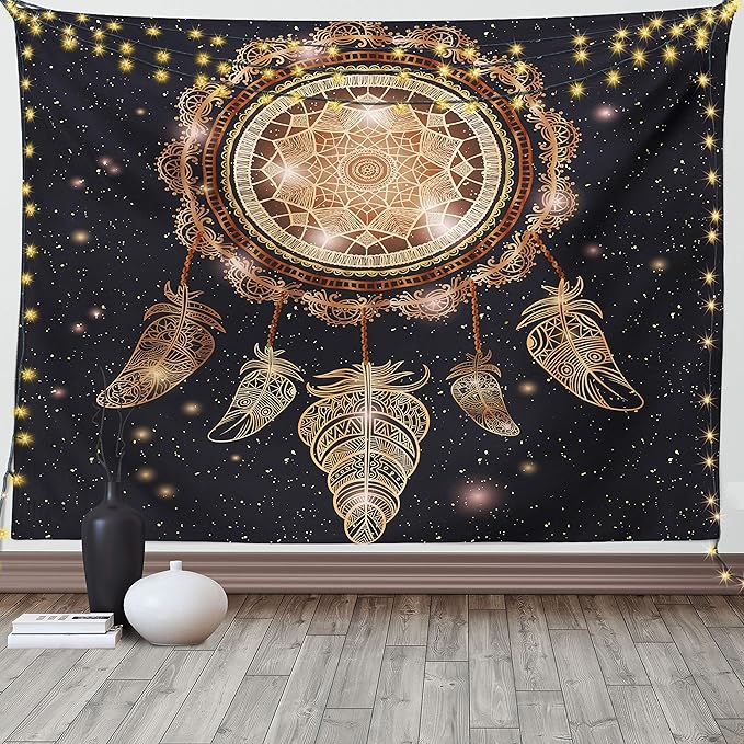 Ambesonne Mandala Tapestry, Dreamcatcher Motif Magic Feathers Hippie Design on Starry Backdrop, Fabric Wall Hanging Decor for Bedroom Living Room Dorm, 90" X 60", Dark Grey