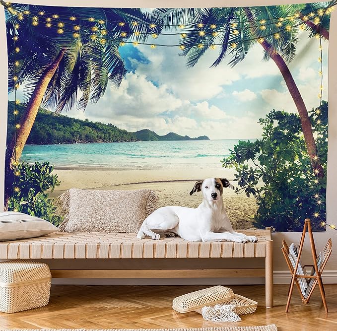 Ambesonne Palm Tree Tapestry, Summer Beach Vintage Style Tropical Sunset Picture Print, Fabric Wall Hanging Decor for Bedroom Living Room Dorm, 23" X 28", Dark Green Sand Brown