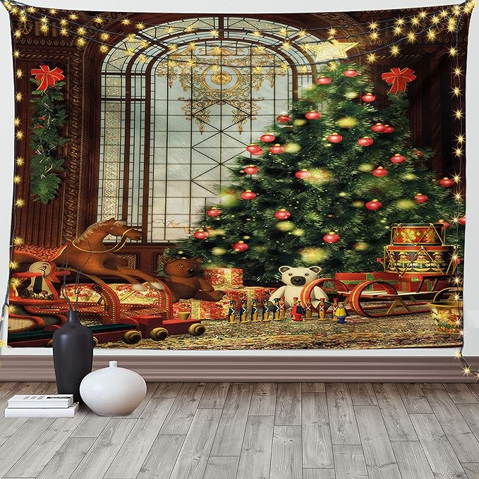 Ambesonne Christmas Tapestry, Vintage Ambiance Big Old Fashioned Window Xmas Tree Various Presents, Fabric Wall Hanging Decor for Bedroom Living Room Dorm, 90" X 60", Brown Red Green