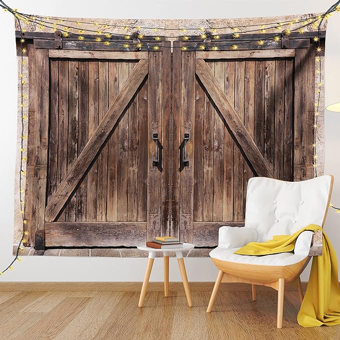 Ambesonne Rustic Tapestry, Wooden Barn Door in Stone Farmhouse Image Vintage Desgin Rural Art Architecture Print, Fabric Wall Hanging Decor for Bedroom Living Room Dorm, 28" X 23", Cream Brown