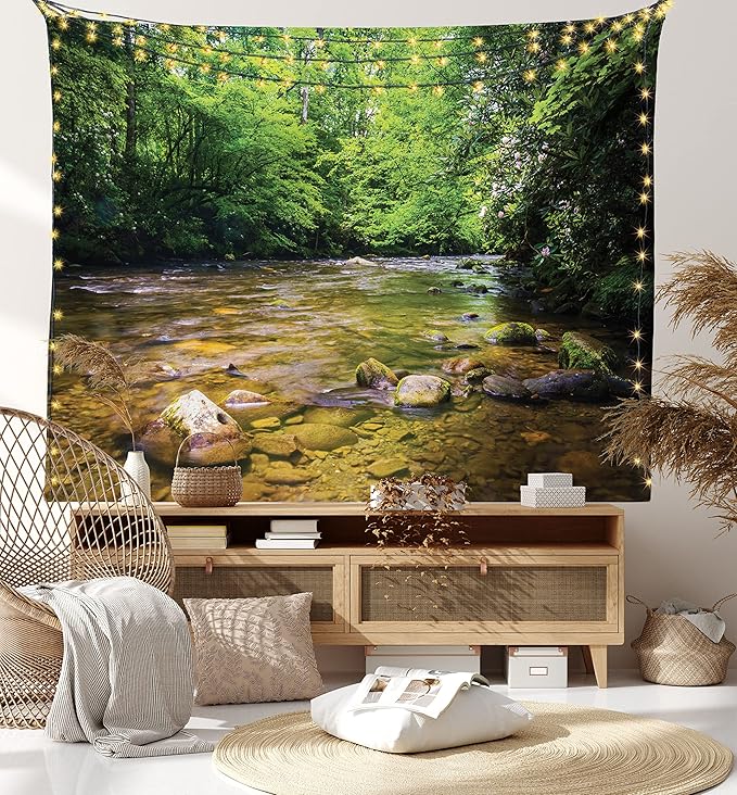 Ambesonne Appalachian Tapestry Queen Size, Oconaluftee River at Smoky Mountains National Park, Wall Hanging Bedspread Bed Cover Wall Decor, Queen Size, Lime Green Charcoal Grey