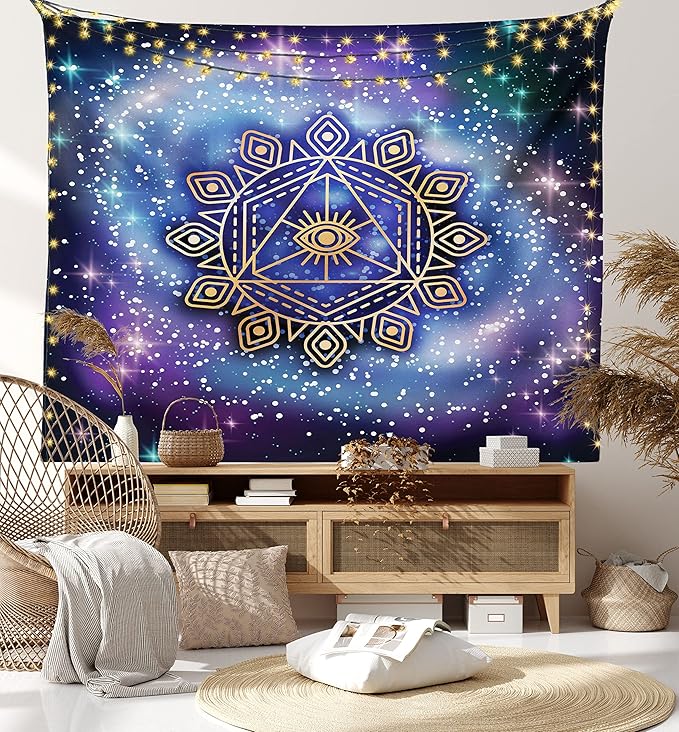 Ambesonne Geometry Tapestry, Celestial and Terrestrial Harmony of Cosmos Mandala Form on Nebula Art, Fabric Wall Hanging Decor for Bedroom Living Room Dorm, 28" X 23", Indigo
