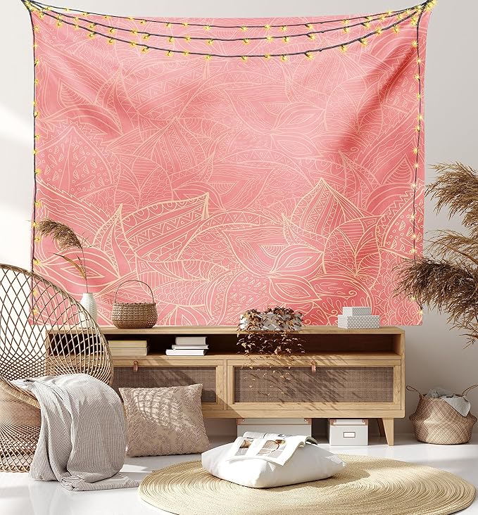 Ambesonne Floral Tapestry, Pastel Toned Nature Inspired Leaf Background Botany Themed Illustration, Fabric Wall Hanging Decor for Bedroom Living Room Dorm, 28" X 23", Peach Coral