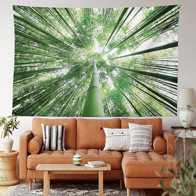 Ambesonne Forest Tapestry King Size, Tropical Rain Forest Tall Trees in Exotic Style Nature Theme Image Sky from Woodland, Wall Hanging Bedspread Bed Cover Wall Decor, 88" X 88", Green