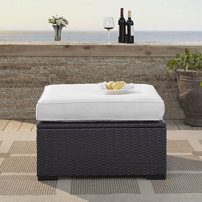 Crosley Furniture Biscayne Wicker Outdoor Ottoman Foot Rest for Patio, Deck, Porch, Brown with White Cushions