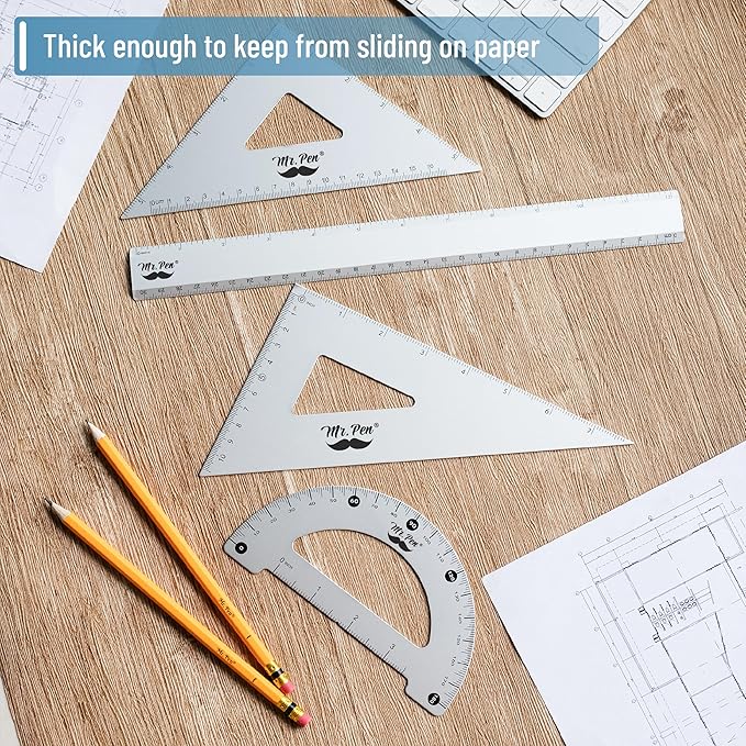 Mr. Pen Metal Geometry Kit - 4Pack Set Square, Protractor, Aluminum Ruler, Drafting Triangles
