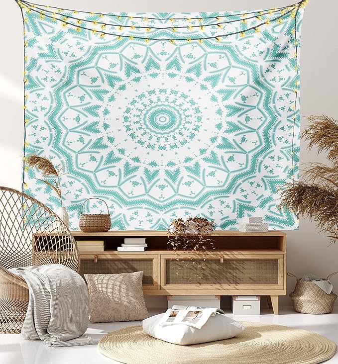 Ambesonne Aqua Tapestry, Mandala Tie Dye Effect Floral Leaves Seem Design Image Art Print, Wall Hanging for Bedroom Living Room Dorm Decor, 40" X 60", Sea Green White