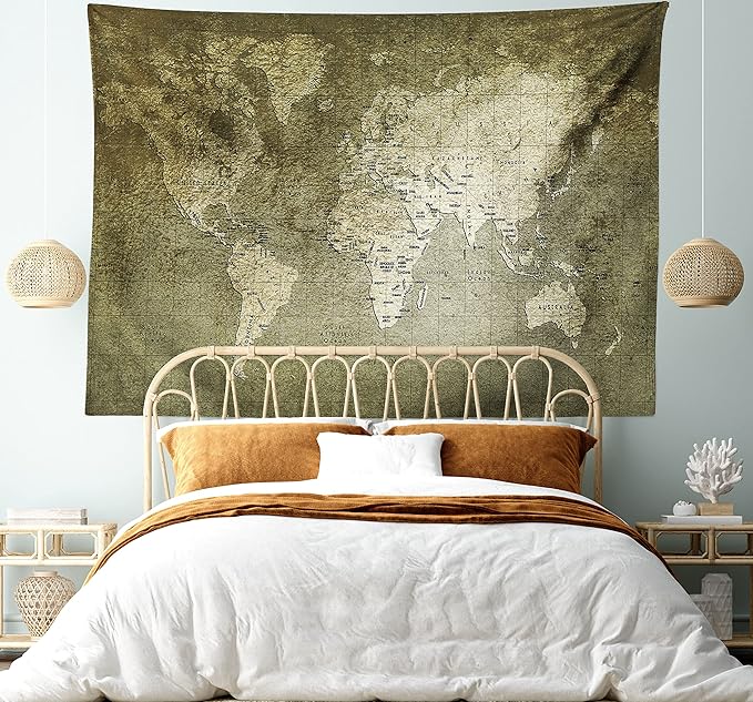 Ambesonne Antique Tapestry King Size, Old World Map Texture Nostalgic Plan Atlas Trace of Life, Wall Hanging Bedspread Bed Cover Wall Decor, 104" X 88", Khaki Beige