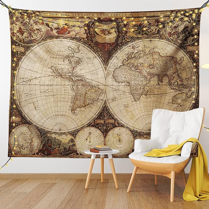 Ambesonne World Map Tapestry King Size, Old World Map Drawn in 1720s Nostalgic Style Art Historical Atlas Vintage Design, Wall Hanging Bedspread Bed Cover Wall Decor, 30" X 45", Multicolor