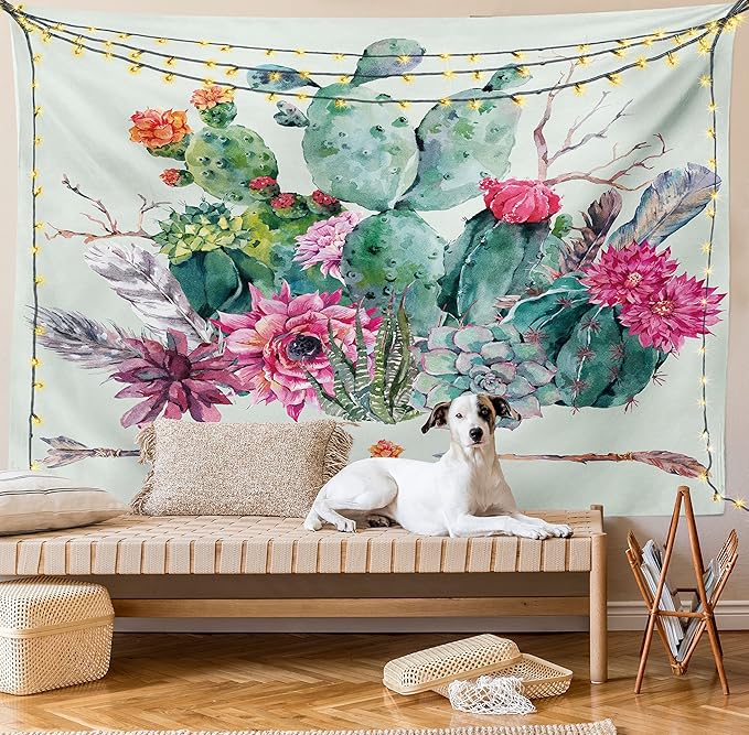 Ambesonne Cactus Tapestry, Spring Garden Boho Style Bouquet of Thorny Plants Blossoms Arrows Feathers, Wide Wall Hanging for Bedroom Living Room Dorm, 60" X 40", Rose Green Brown
