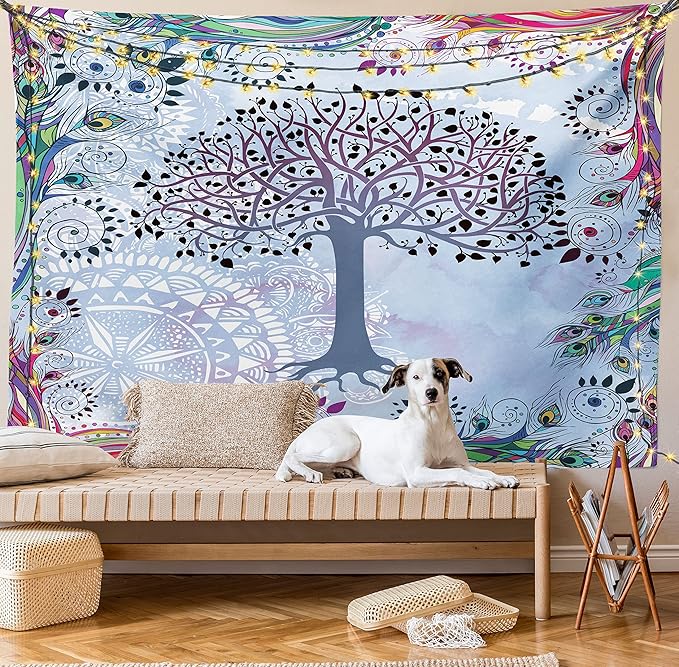 Ambesonne Nature Tapestry, Tree of Life Motif Peacock Feathers Tribal Vintage Prehistoric Flora Illustration, Wall Hanging for Bedroom Living Room Dorm Decor, 60" X 80", Blue