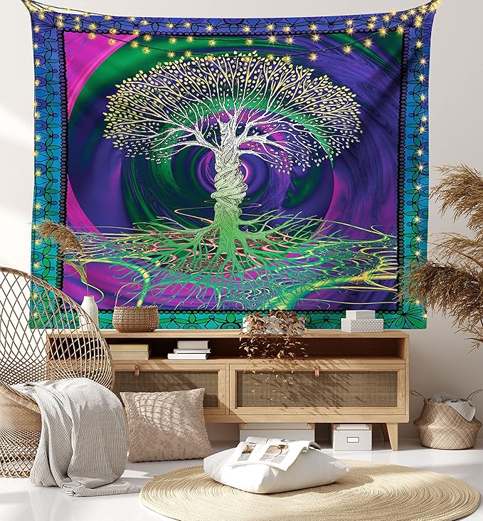 Ambesonne Nature Tapestry, Digital Psychedelic Tree of Life Turning Gothic Background Mystery Display, Fabric Wall Hanging Decor for Bedroom Living Room Dorm, 28" X 23", Fuchsia Purple