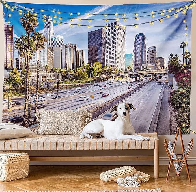 Ambesonne Travel Tapestry King Size, Downtown Cityscape of Los Angeles California USA Avenue Buildings Palms Print, Wall Hanging Bedspread Bed Cover Wall Decor, 104" X 88", Blue Grey Green
