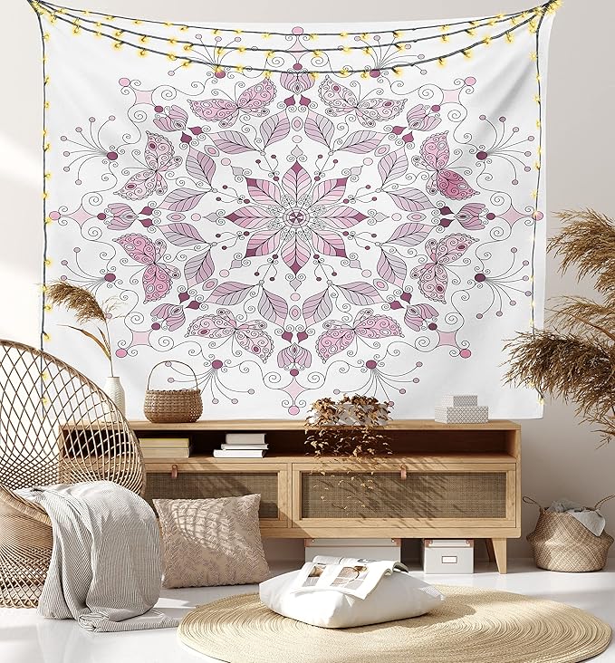 Ambesonne Mandala Tapestry Queen Size, Lacy Inspired Pastel Floral Motif with Butterfly and Lotus Branches Design, Wall Hanging Bedspread Bed Cover Wall Decor, 88" X 88", White Pale Pink