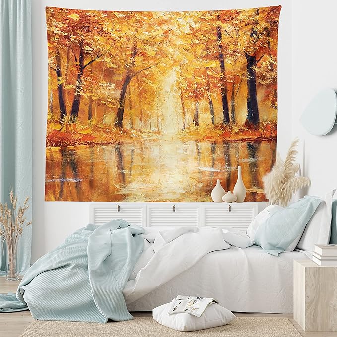 Ambesonne Country Tapestry King Size, Painting of a Forest by the Small Lake in Autumn Pale Fall Trees and Leaves Art, Wall Hanging Bedspread Bed Cover Wall Decor, 104" X 88", Brown Orange