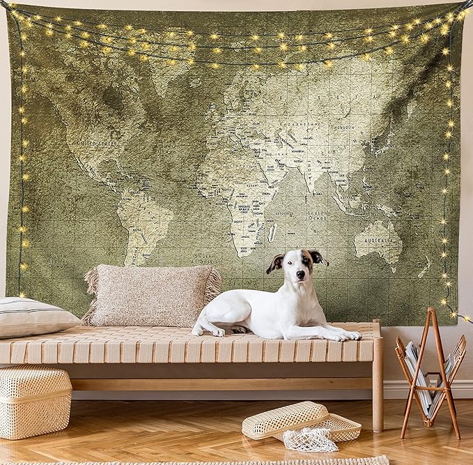 Ambesonne Antique Tapestry Twin Size, Old World Map Texture Nostalgic Plan Atlas Trace of Life, Wall Hanging Bedspread Bed Cover Wall Decor, 68" X 88", Khaki Beige