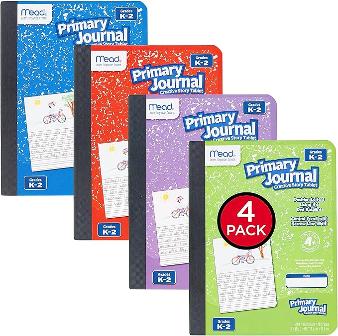 Mead Primary Journal, 4 Pack, Half Page Ruled, Grades K-2, 7-1/2" x 9-3/4", 100 Sheets per Journal, Assorted Colors (610051-ECM)