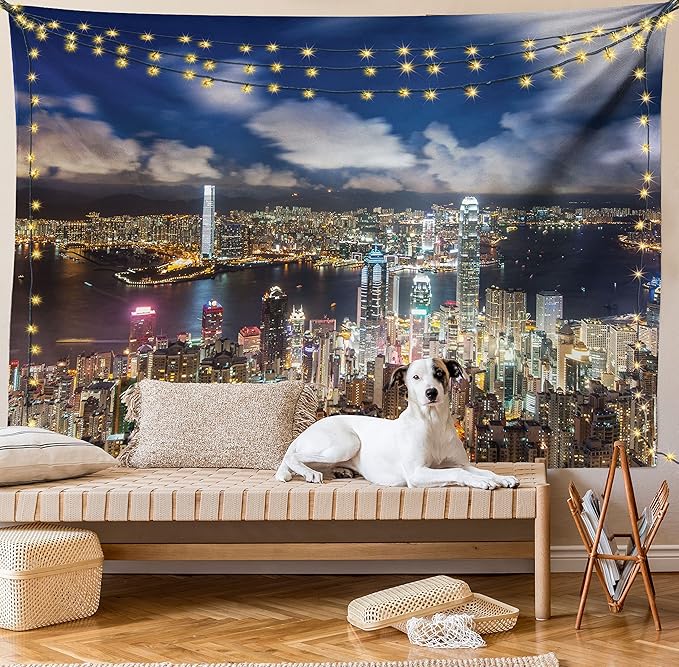 Ambesonne Cityscape Tapestry, Night View Hong Kong Victoria Harbor Business Financial District Cityscape Print, Fabric Wall Hanging Decor for Bedroom Living Room Dorm, 45" X 30", White Indigo