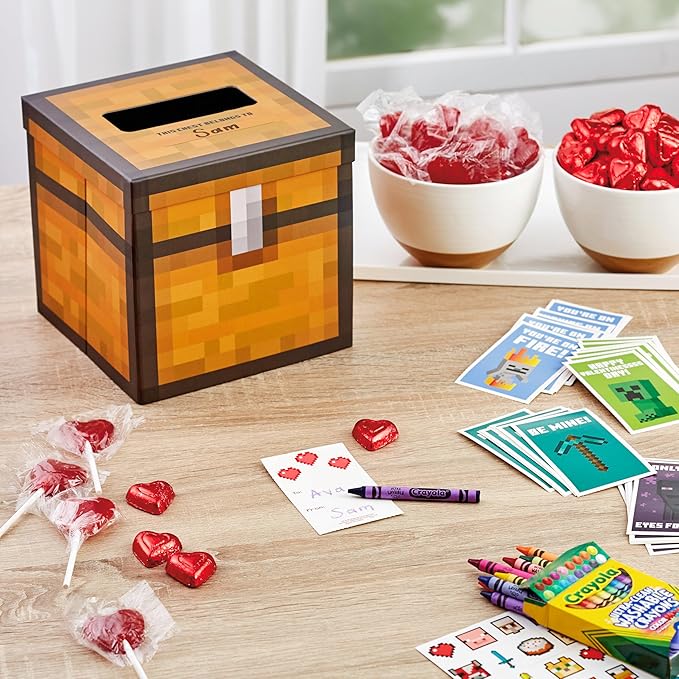Hallmark Minecraft Valentines Day Cards and Mailbox for Kids School Classroom Exchange (1 Box, 32 Valentine Cards, 35 Stickers, 1 Teacher Card)