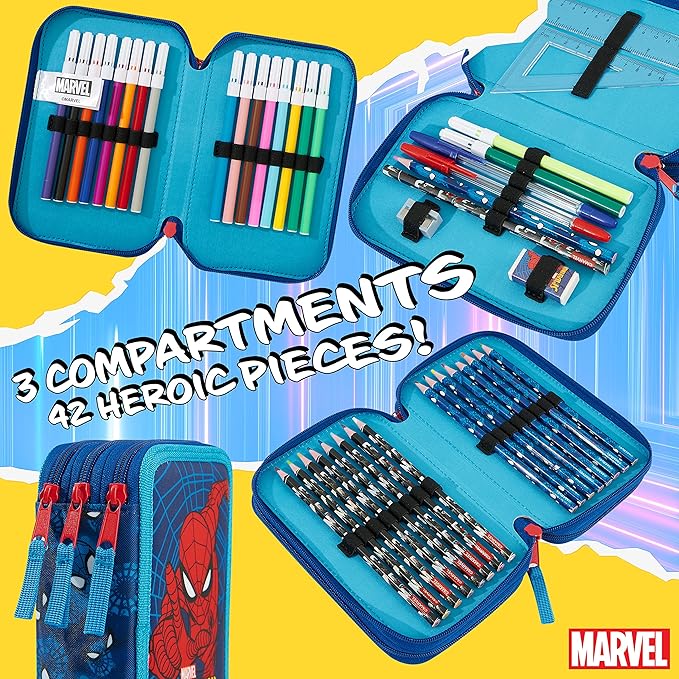 Marvel Boy's Pencil Case, Pencil Case with Compartments Filled School Supplies, Felt, Coloured Pencil, Spiderman Avengers Back to School Gift