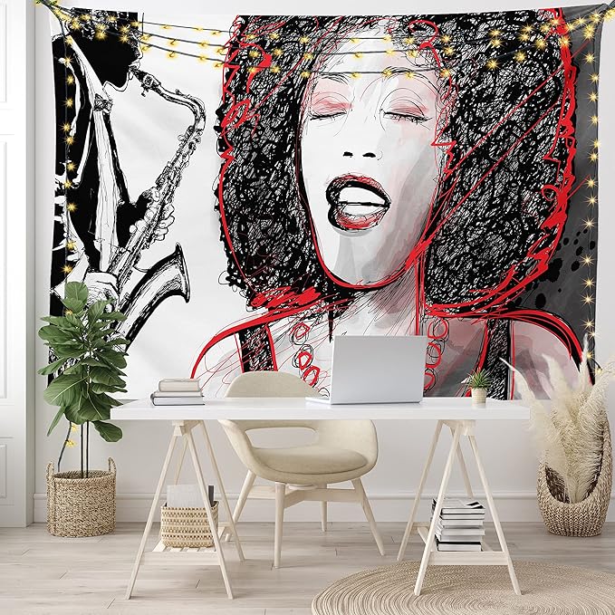 Ambesonne African Tapestry, Afro Lady Singing a Jazz Song with Saxophone Player Silhouette Vintage Design, Fabric Wall Hanging Decor for Bedroom Living Room Dorm, 28" X 23", Black Pale Grey