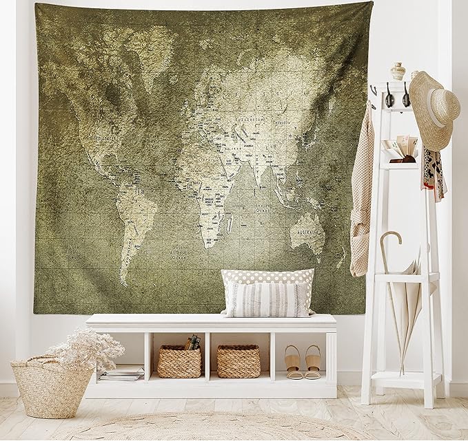 Ambesonne Antique Tapestry, Old World Map Texture Nostalgic Plan Atlas Trace of Life, Wide Wall Hanging for Bedroom Living Room Dorm, 60" X 40", Khaki Beige