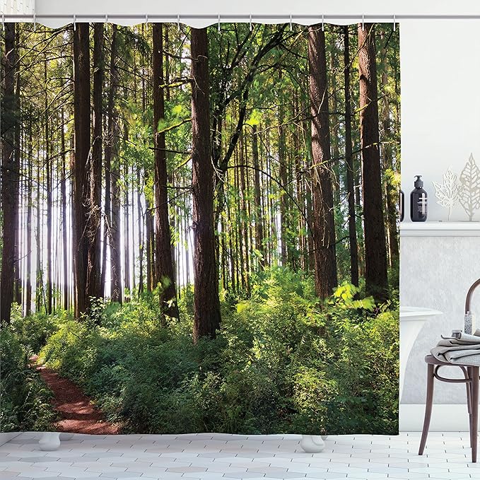 Ambesonne Forest Shower Curtain, Pathway in a Shady Forest of Bushes and Thick Trunks Grass Unique Wild Life Scenery, Cloth Fabric Bathroom Decor Set with Hooks, 69" W x 70" L, Green Brown