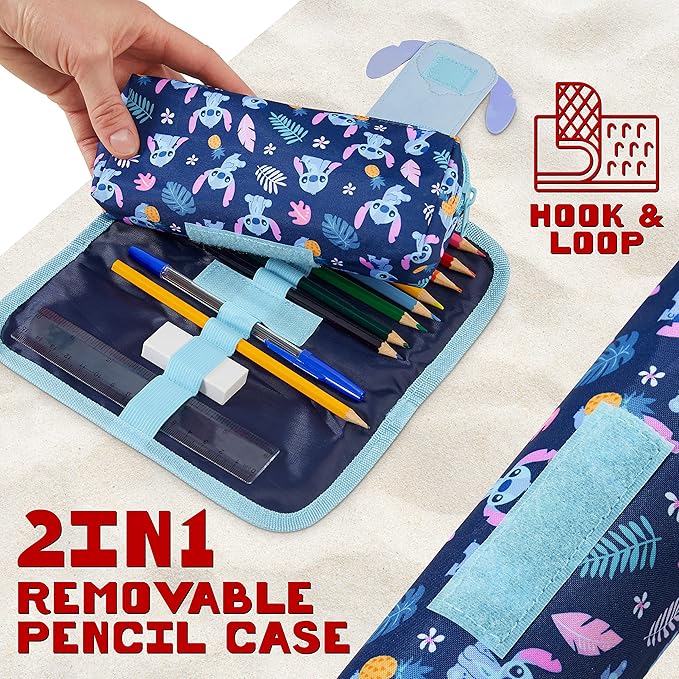 Disney Stitch Pencil Case with Cute Detachable Zipper Pouch including Ball Point Pen Pencil Eraser Ruler and Fun Colored Pencils Stationery Gift for Kids