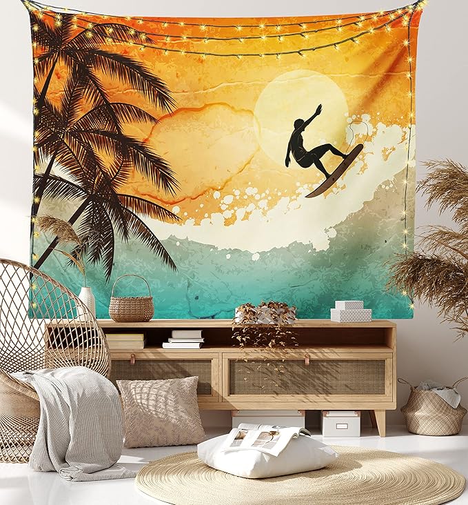 Ambesonne Grunge Tapestry, Illustration of Tropical Island Surfer on Sea Waves and Palms at Sunset, Wall Hanging for Bedroom Living Room Dorm Decor, 60" X 80", Orange Turquoise Black