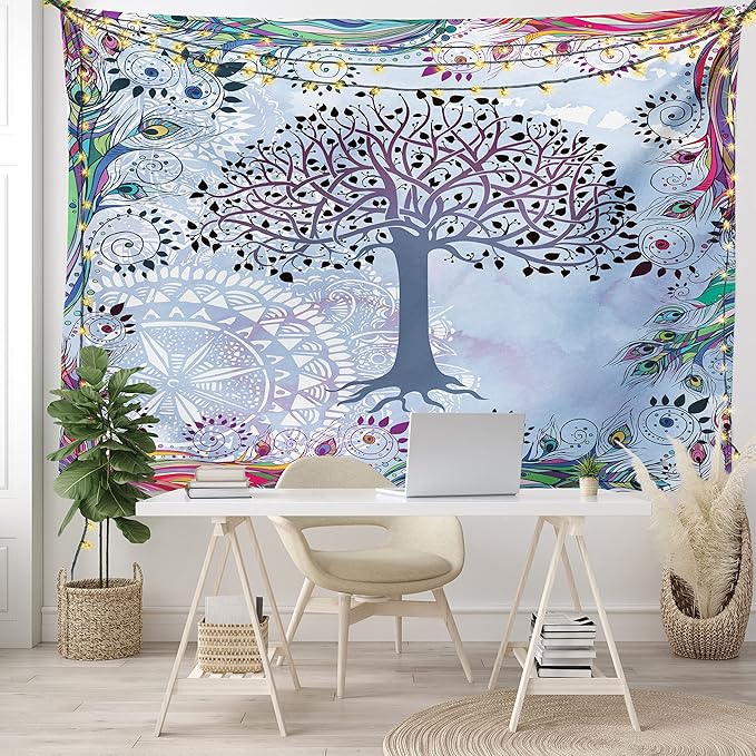 Ambesonne Nature Tapestry, Tree of Life Motif Peacock Feathers Tribal Vintage Prehistoric Flora Illustration, Fabric Wall Hanging Decor for Bedroom Living Room Dorm, 28" X 23", Blue