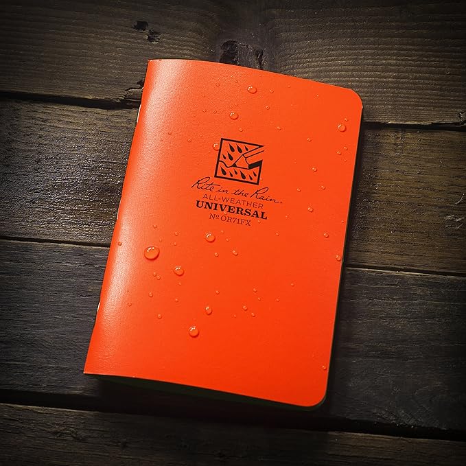 Rite In The Rain Weatherproof Stapled Notebook, 4.625" x 7", Orange Cover, Universal Pattern, 3 Pack (No. OR71FX)